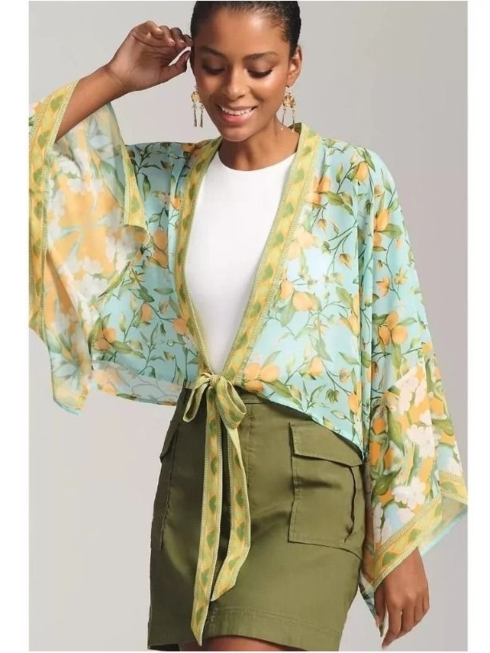 Pilcro Light Blue Floral Tie-Front Kimono Blouse